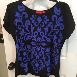 Blue and Black Medallion Design Top & Rhinestones